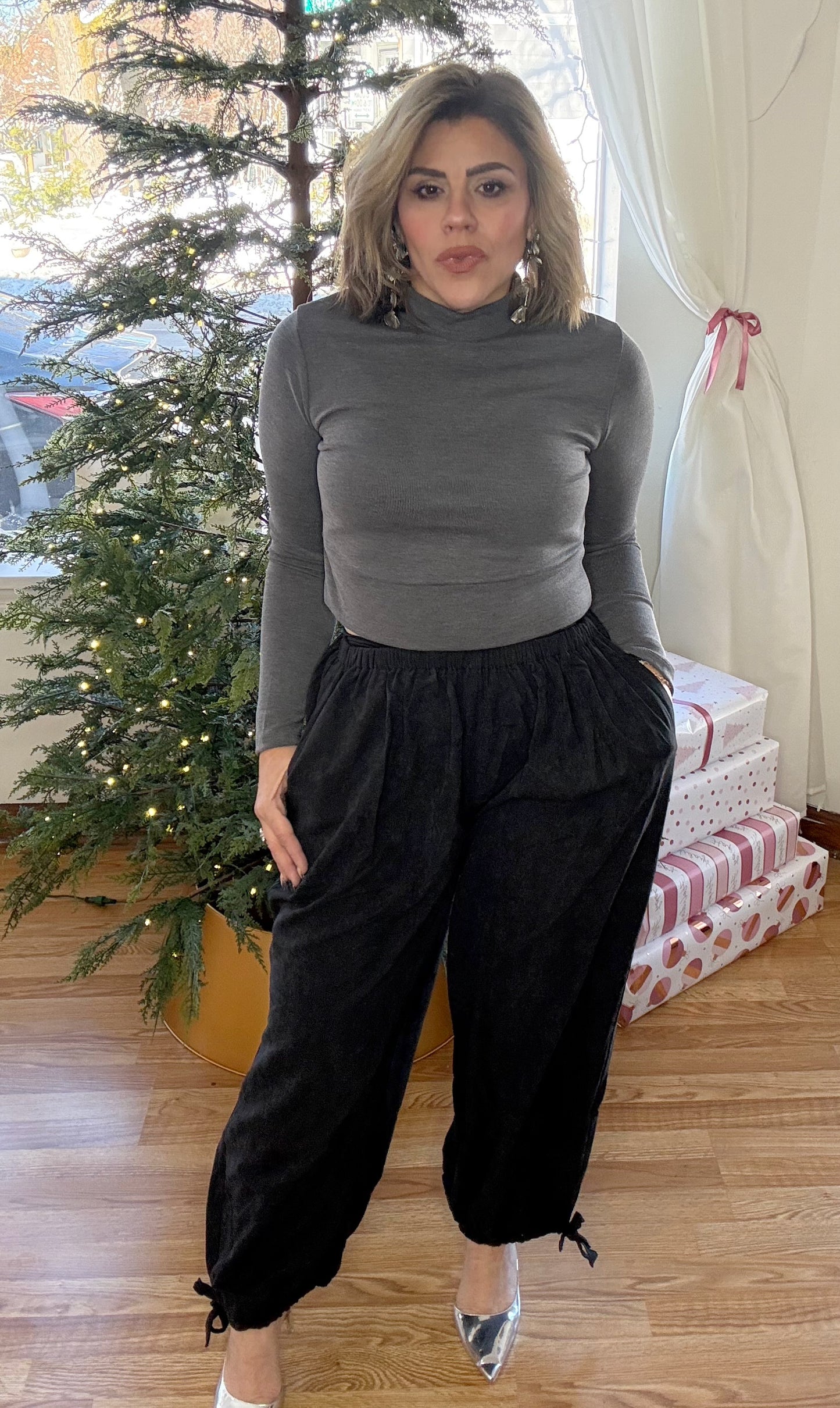 Cropped High Neck Long Sleeve Top – Charcoal Grey
