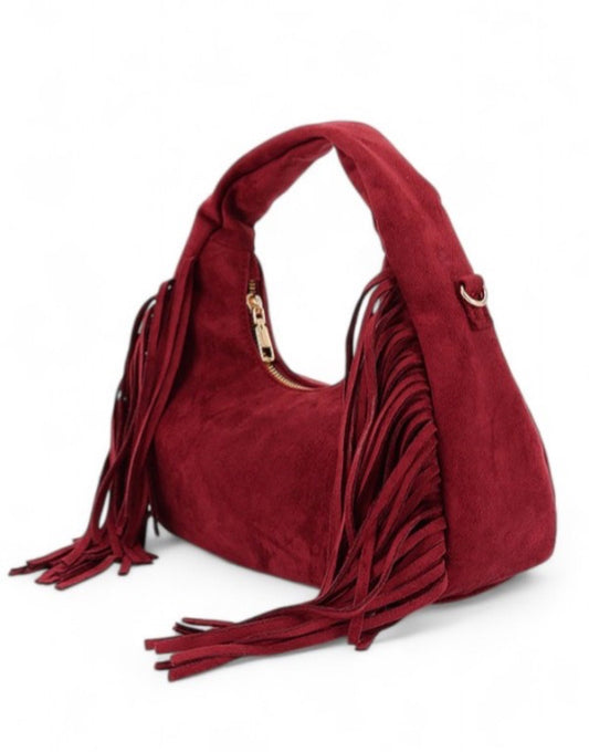 Burgundy Faux Suede Fringe Shoulder Bag