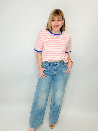 Pink Stripe Contrast Tee