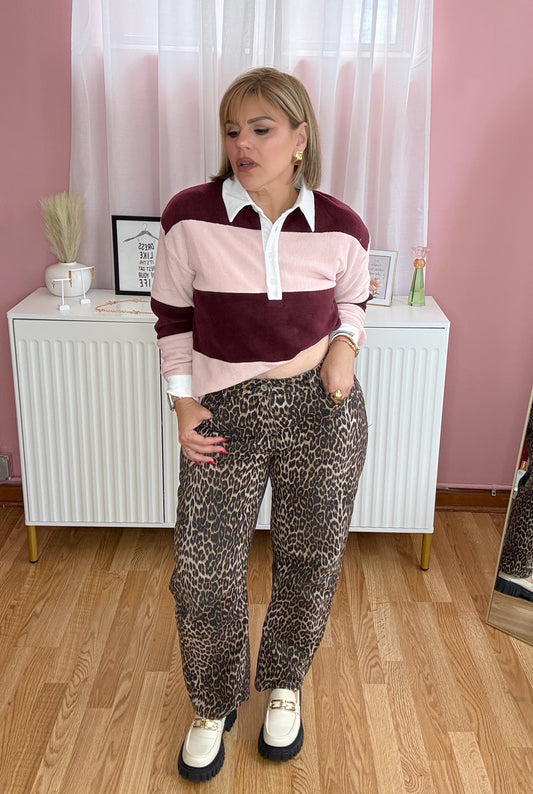 * LAST MEDIUM* Pink & Burgundy Rugby Striped Fleece Polo