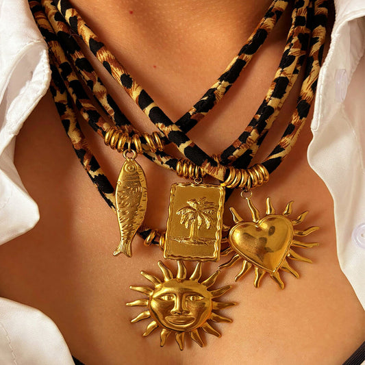 Leopard Cord Statement Necklace – Sun / Heart / Shell / Fish