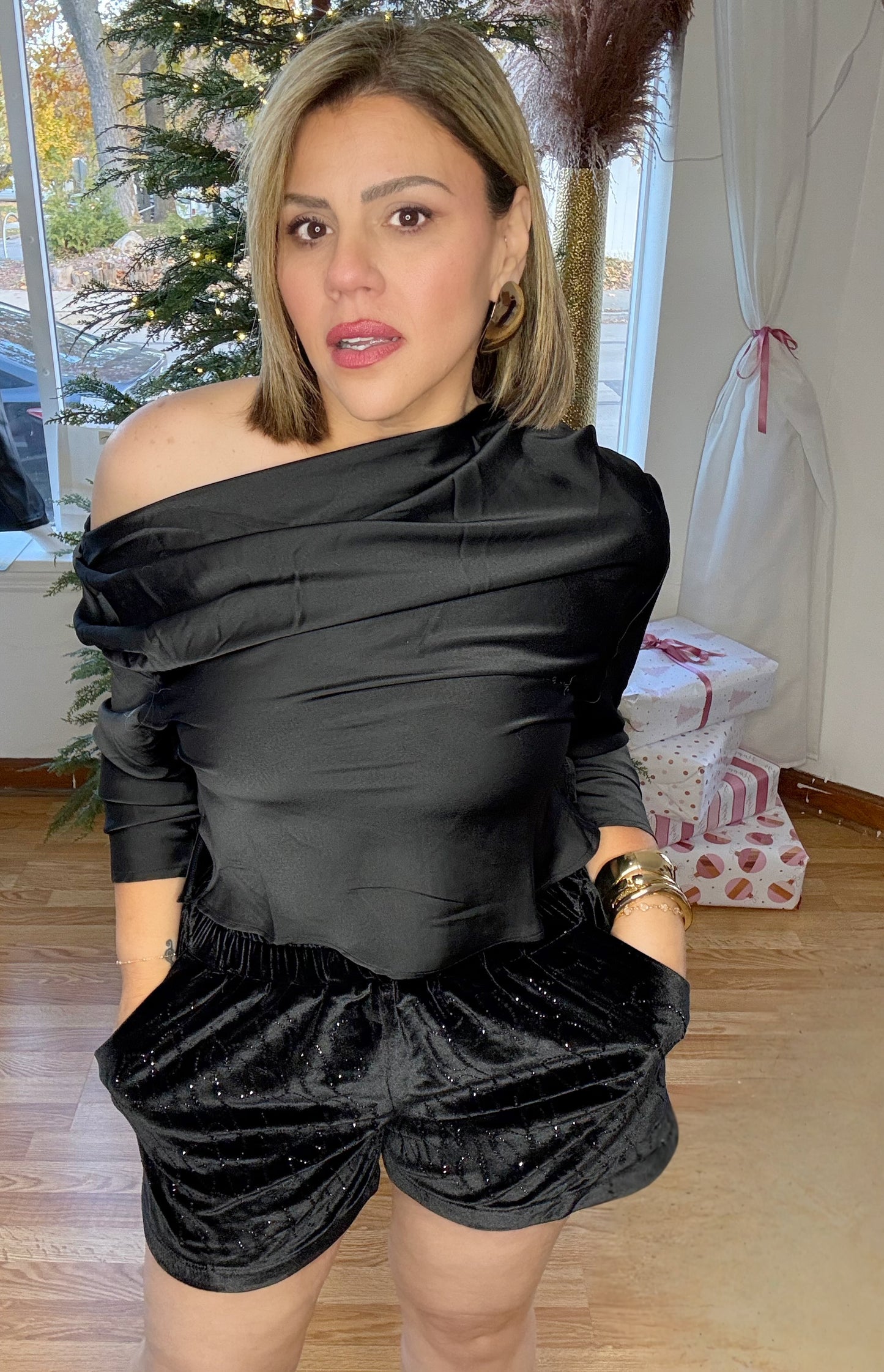 Asymmetrical Satin Black Top