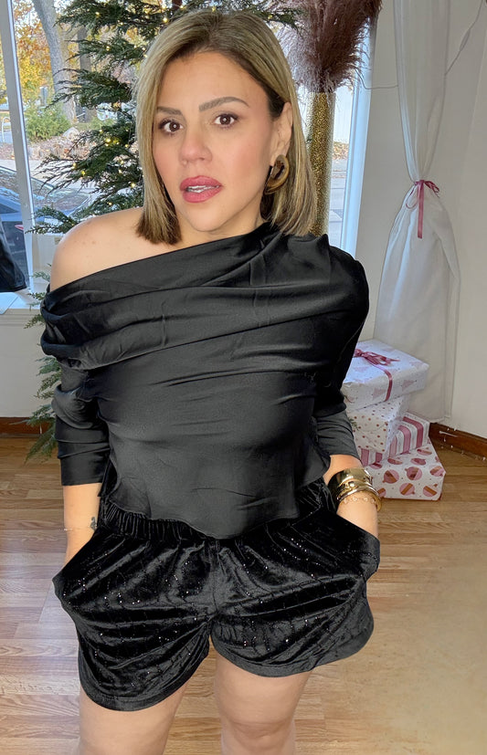 Asymmetrical Satin Black Top