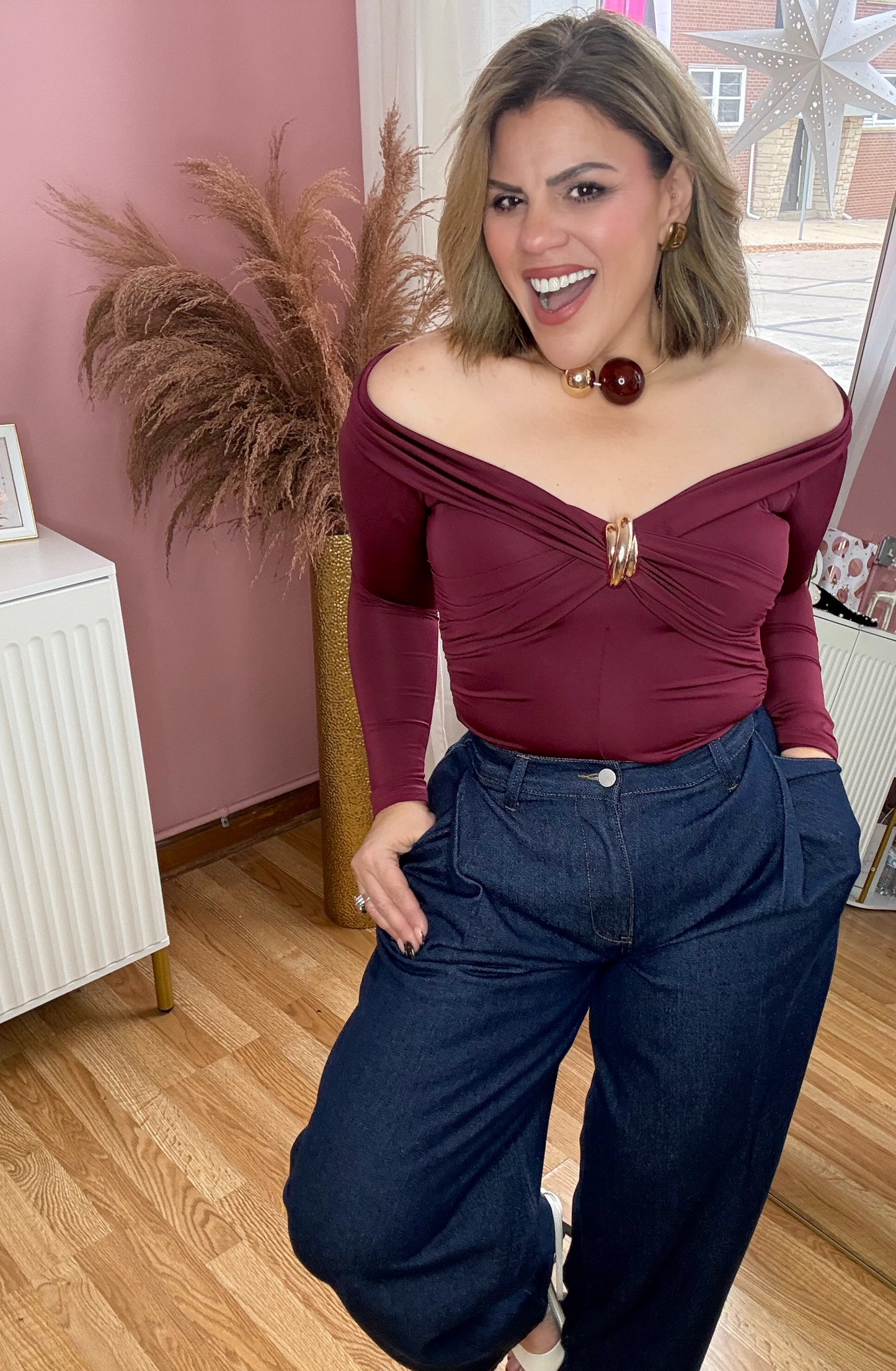 Golden Wine Luxe Off-Shoulder Knot Top