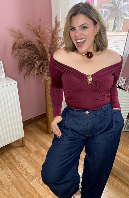 Golden Wine Luxe Off-Shoulder Knot Top