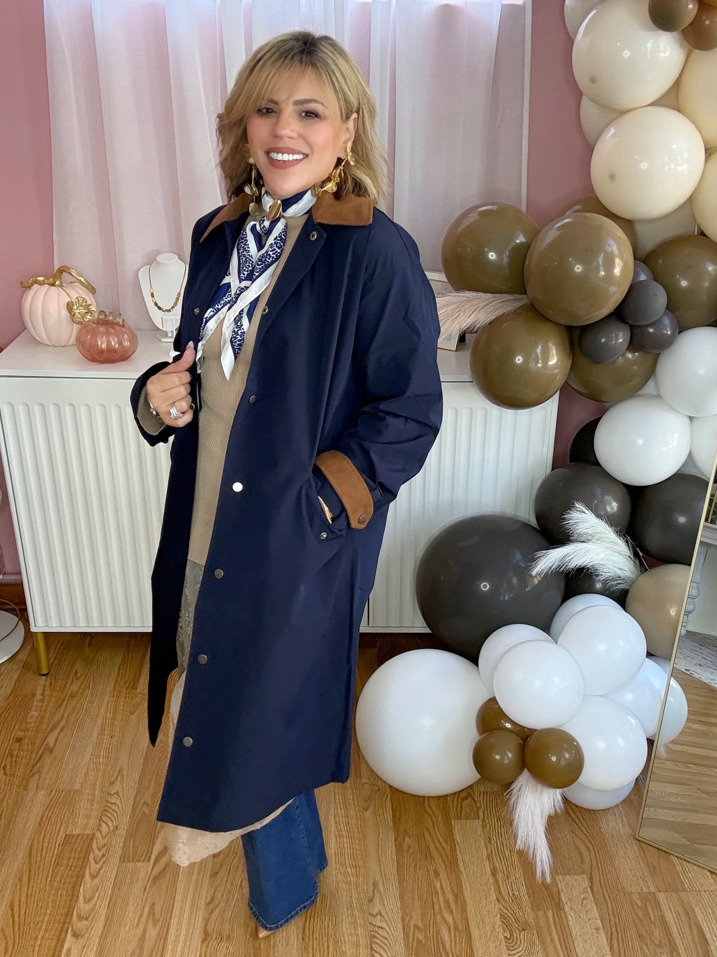 *LAST LARGE* Autumn Elegance Navy & Brown Corduroy Trench