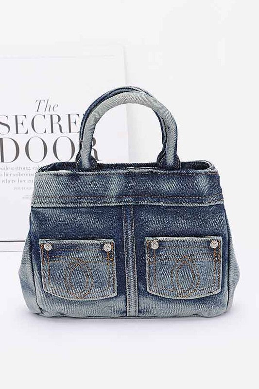 Washed Denim Top Handle Convertible Bag