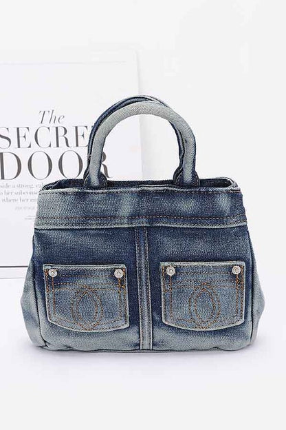 Washed Denim Top Handle Convertible Bag