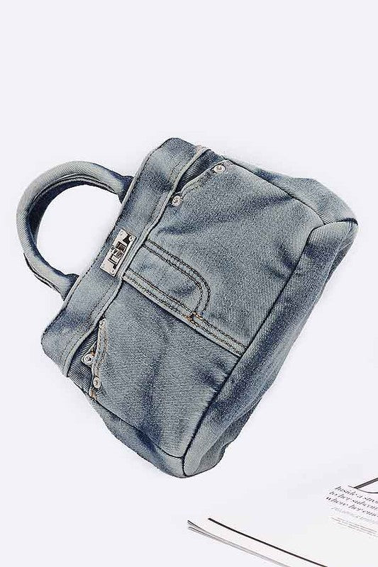 Washed Denim Top Handle Convertible Bag