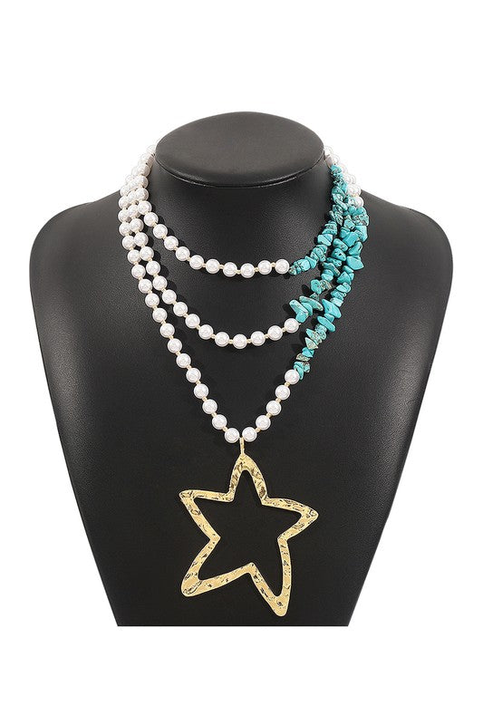 Layered Turquoise Pearl Bead Star Pendant Necklace