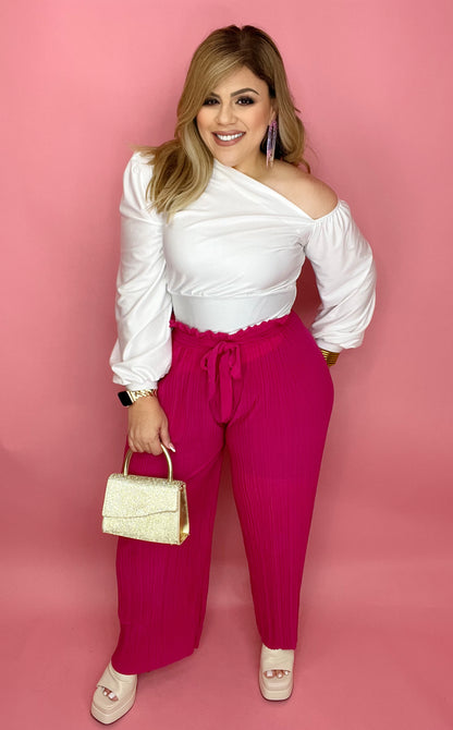 Textured Pleated Wide Leg Pants in Fuchsia