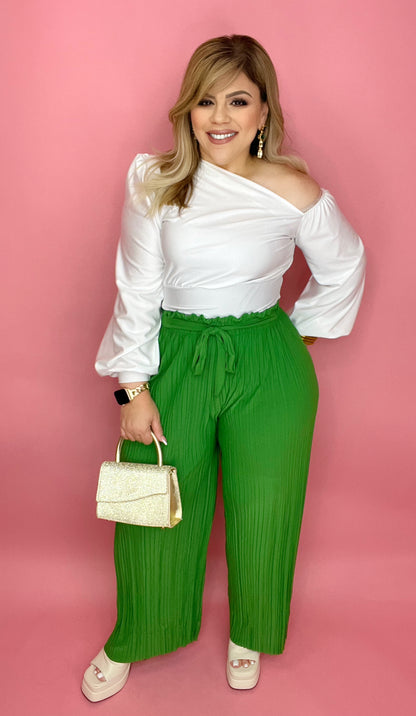 Textured Pleated Wide Leg Pants In Emerald Green