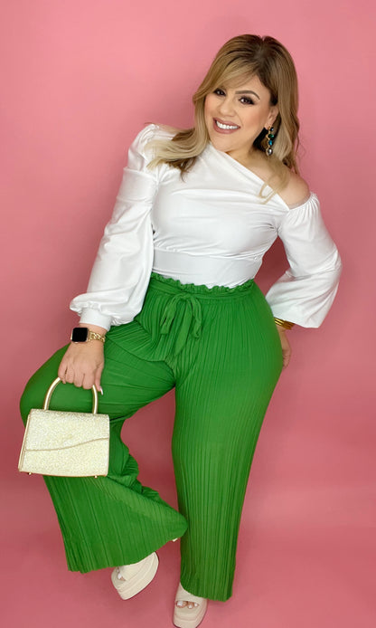 Textured Pleated Wide Leg Pants In Emerald Green